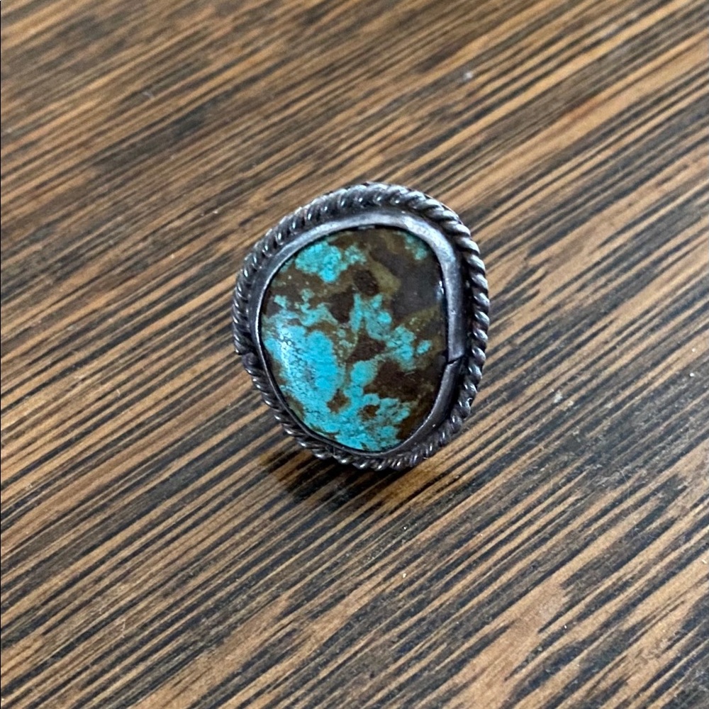 Large hand wrought vintage turquoise silver ring